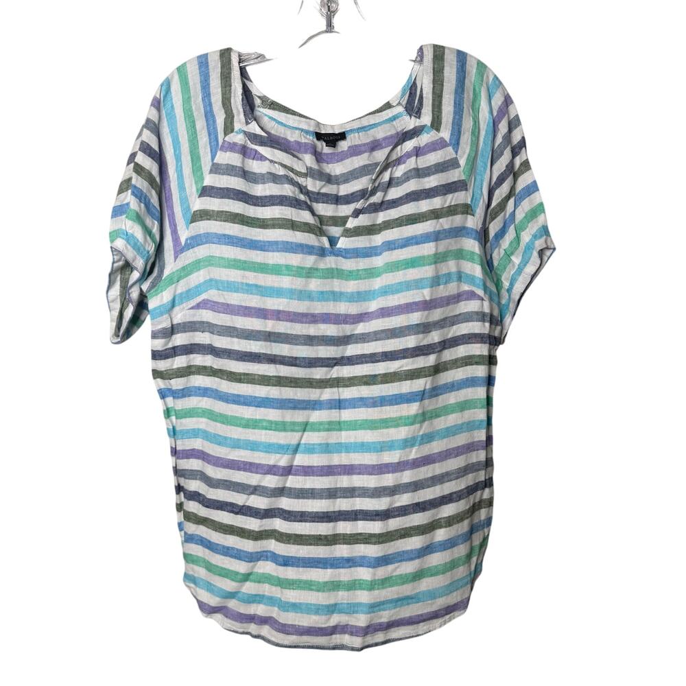 Talbots 100% Linen Striped Top Size M Blue Green Purple Short Sleeve Casual